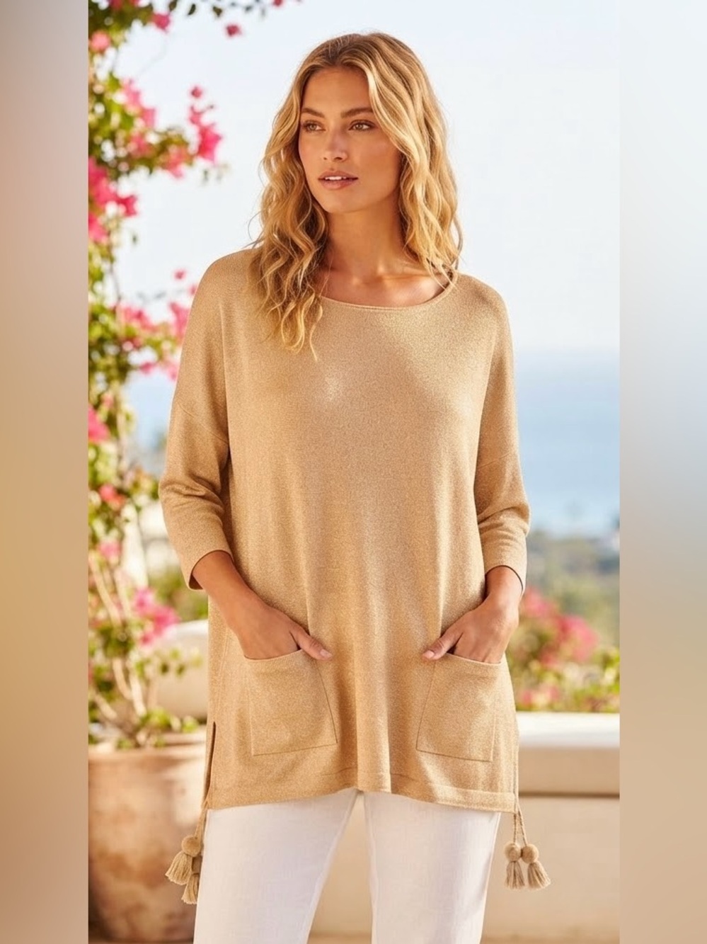 Lilly Pulitzer Tan Knit Cotton Blend Tunic Sweater with Tassels Women’s Large